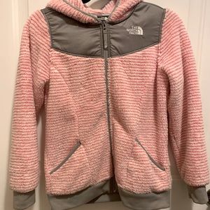 The North Face pink and white striped jacket